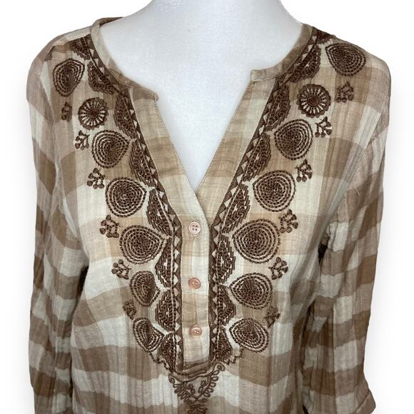 Soft Surroundings Buffalo Check Plaid 3/4 Sleeves Embroidered Blouse - Picture 2 of 7